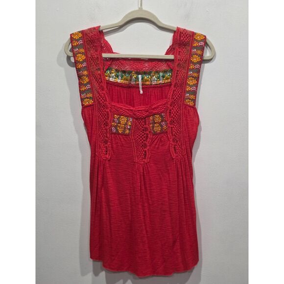 Free People Boho Crochet Lace Embroidered Red Tank Top Festival Peasant Blouse S - Picture 1 of 9
